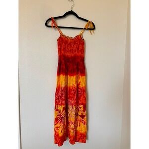 Aloha Fashion Hawaiian Tie Dye Tropical Floral Smocked Maxi Dress One Orange